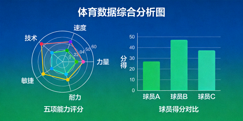 体育数据分析图表展示，包含雷达图、柱状图等多种数据可视化形式